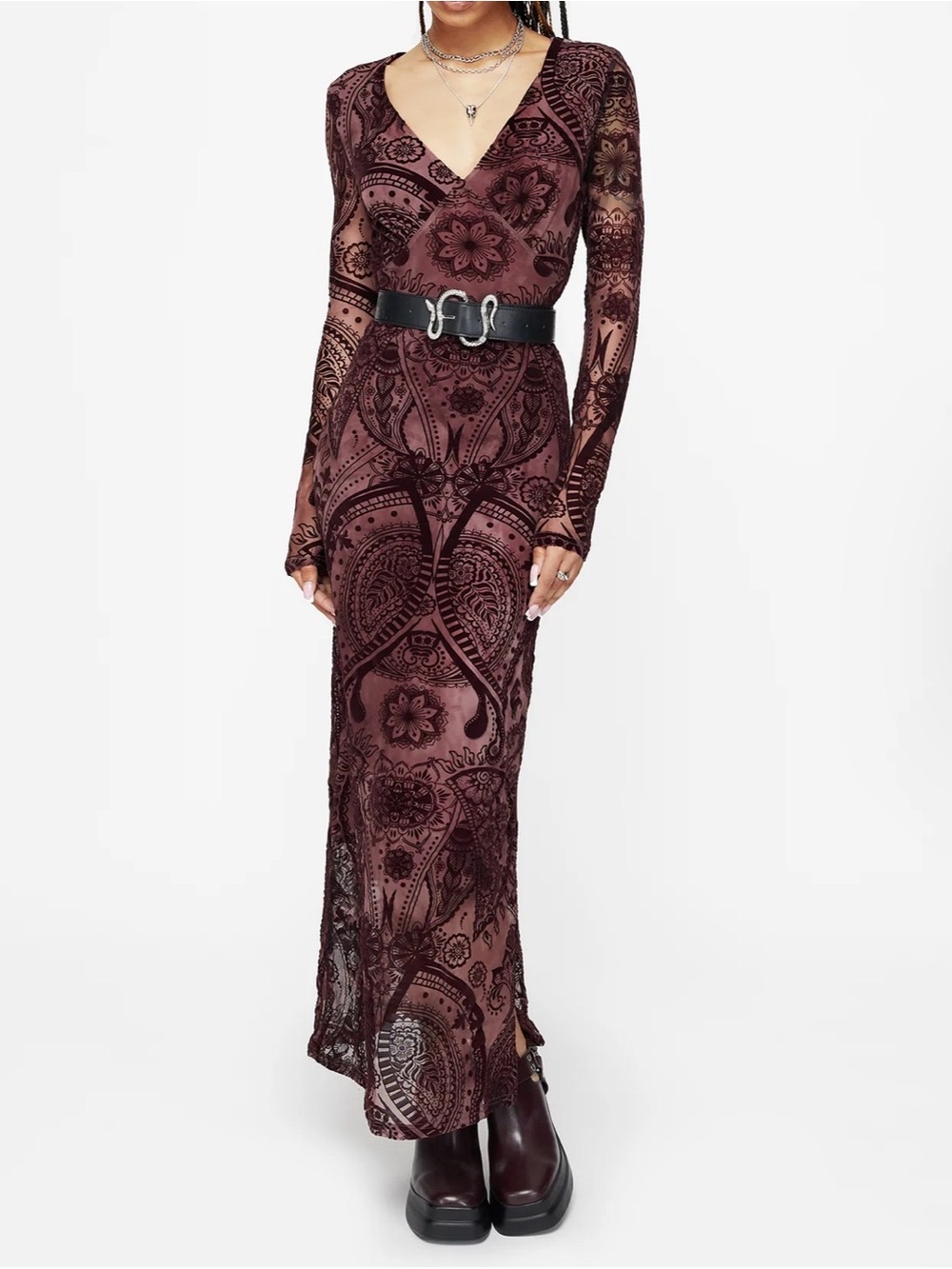Disturbia Plum Lace-Overlay mesh Maxi Dress